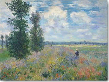 Claude Monet, Les Coquelicots (dintorni di Argenteuil) (Wunschgröße, Impressionismus, Malerei, Mohnblumen, Mohnblumenfeld, Bäume, Pappeln, Horizont, Spaziergängerin, Frau,  Blumen, Blüten, Idylle, Frankreich, Schlafzimmer, Wohnzimmer, Wintergarten, bunt, Klassiker)