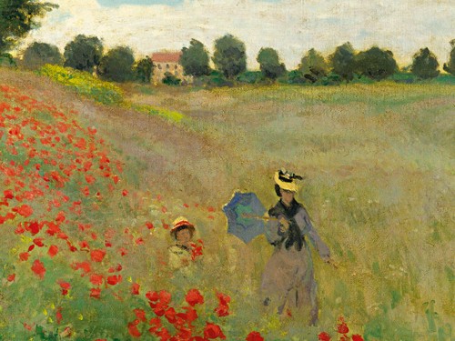 Claude Monet, Mohnfeld bei Argenteuil (Detail) (Wunschgröße, Impressionismus, Malerei, Mohnblumen, Mohnblumenfeld, Spaziergänger, Frau, Kind, Blumen, Blüten, Idylle, Frankreich, Schlafzimmer, Wohnzimmer, Wintergarten,bunt,Klassiker)