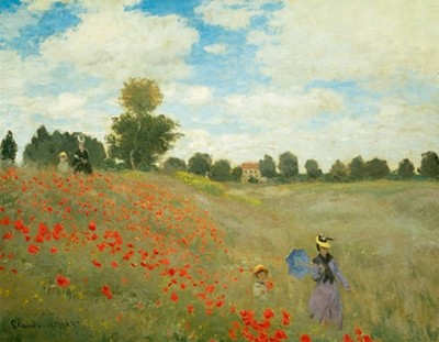 Claude Monet, Mohnfeld bei Argenteuil (Impressionismus, Malerei, Mohnblumen, Mohnblumenfeld, Spaziergänger, Frau, Kind, Blumen, Blüten, Idylle, Frankreich, Schlafzimmer, Wohnzimmer, Wintergarten, bunt, Klassiker)