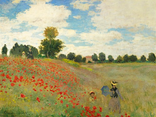 Claude Monet, Mohnfeld bei Argenteuil (Wunschgröße, Impressionismus, Malerei, Mohnblumen, Mohnblumenfeld, Spaziergänger, Frau, Kind, Blumen, Blüten, Idylle, Frankreich, Schlafzimmer, Wohnzimmer, Wintergarten,bunt,Klassiker)