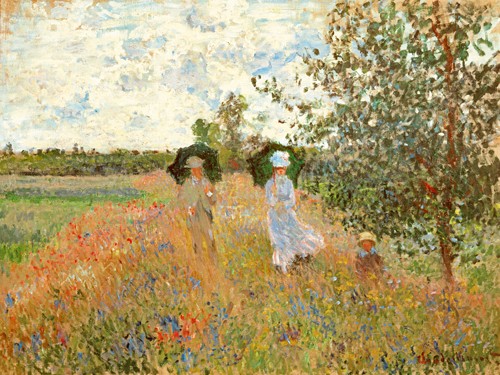 Claude Monet, Spaziergang bei Argenteuil (Wunschgröße, Impressionismus, Malerei, Spaziergang, Frankreich, Frauen, Kind, Blumenfelder, Sonnenschirm,  Wohnzimmer, Wintergarten, Arztpraxis, bunt,Klassiker)