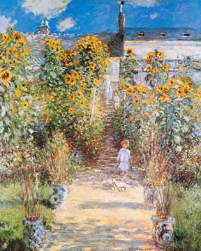 Claude Monet, Der Garten des Künstlers (Wunschgröße, Impressionismus, Malerei, Garten, Gartenweg, Sonnenblumen, Kind, Haus des Künstlers, Sonnenlicht, Schatten, Wohnzimmer, Wintergarten, Arztpraxis, bunt, Klassiker)