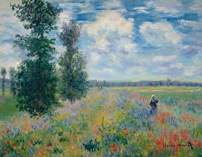 Claude Monet, Les Coquelicots (Impressionismus, Malerei, Mohnblumen, Mohnblumenfeld, Spaziergängerin, Frau, Horizont, Blumen, Blüten, Idylle, Frankreich, Schlafzimmer, Wohnzimmer, Wintergarten, bunt,Klassiker)