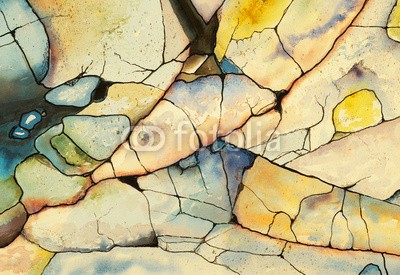 clivewa, Shoreline Rocks (malerei, modern, wasserfarben, entwerfen, blau, wasserfarben, ozean, nass, tapete, steine, küste, riss, seaside, bunt, fels, felsig, sand, life, knäcke, hell, altersgenosse, knochenbruch, tinte, kreativ, rosa, artwork, dekorativ, retro, strand, still)