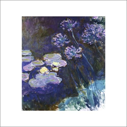 Claude Monet, Gelbe Seerosen und Agapanthes (Impressionismus, Malerei, Seerosen, Wasserpflanzen, Teich, Natur, Schlafzimmer, Wohnzimmer, Wintergarten, Treppenhaus,blau / violett, Klassiker)