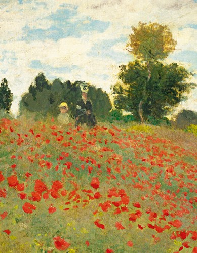 Claude Monet, Mohnfeld bei Argenteuil (Detail) (Wunschgröße, Impressionismus, Malerei, Mohnblumen, Mohnblumenfeld, Spaziergänger, Frau, Kind, Blumen, Blüten, Idylle, Frankreich, Schlafzimmer, Wohnzimmer, Wintergarten,bunt,Klassiker)