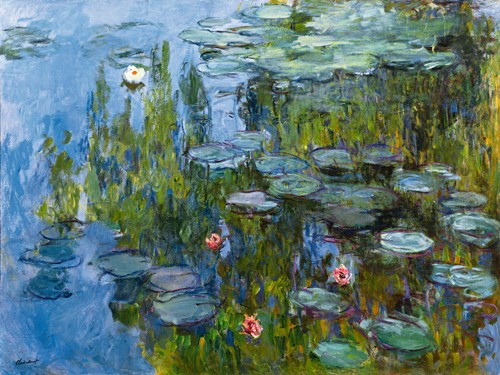 Claude Monet, Seerosen (Nympheas) (Wunschgröße, Impressionismus, Malerei, Seerosen, Teich, Wasserpflanzen, Natur, Schlafzimmer, Wohnzimmer, Wintergarten, Treppenhaus,blau / grün, Klassiker)