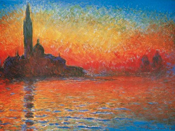 Claude Monet, Crepuscolo (Impressionismus, Malerei, Venedig, Italien, Architektur, Lagune, Morgendunst, Sonnenaufgang,  Schlafzimmer, Wohnzimmer, Wintergarten, bunt, Klassiker)