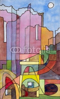 clivewa, a semi-abstract painting of buildings on the island of Capri (kunst, wasserfarben, abstrakt, modern, wasserfarben, tapete, italienisch, insel, semi, wölben, bunt, waterfront, hell, froh, altersgenosse, bogengang, malen, vertikal, gebäude, sonnenschein, tinte, kreativ, geometrisch, front, artwork, dekorativ, retr)