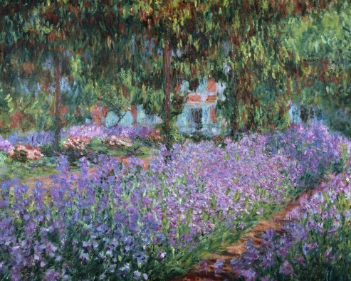 Claude Monet, Blühende Iris in Monets Garten (Wunschgröße,  Impressionismus, Malerei, Seerosen, Wasserpflanzen, Teich, Natur, Brücke, Spiegelungen,  Schlafzimmer, Wohnzimmer, Wintergarten, Treppenhaus, blau, Klassiker)