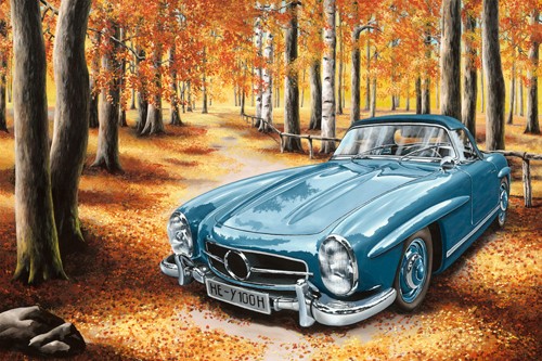 Cornelia Richter, Ein Klassiker im Wald (Auto, Oldtimer, Nostalgie, Fahrzeug, Wunschgröße, Wohnzimmer, Treppenhaus,  Malerei, bunt)