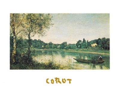 Jean-Baptiste Camille Corot, L'étang de ville d'Avray (Landschaft, Landschaftsmalerei, Natur, Bäume, Birken, See, Fischerboot, Klassiszismus Sommer, Wohnzimmer, Malerei, Klassiker, grün/bunt)