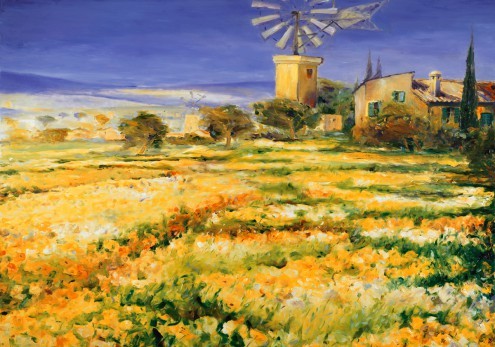 Christian Sommer, Sommer auf Mallorca (Landschaft, Landschaftsmalerei, Sommer, Blumenwiese, Mühle, Sonnenlicht, Balearen, Mallorca, Idylle, Malerei, Wohnzimmer, Arztpraxis, bunt)