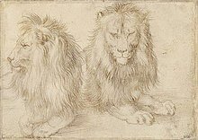 Albrecht Dürer, Zwei liegende Löwen. 1521 (Silberstift,auf grundiertem Papier,Berlin,Staatliche Museen zu Berlin,Tiere,16. Jahrhundert,1471-1528,Dürer,Albrecht,Dürer, Albrecht,Löwe,Löwen,Tier,Mähne,Studie,Raubtier,Raubtiere)