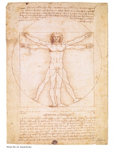 Leonardo da Vinci, Vitruvian Man (Klassiker, Renaissance, Studie,  vitruvianische Mensch, Proportionen, Anatomie, Federzeichnung, Zeichnung, Büro, Wohnzimmer, Treppenhaus, Arztpraxis, braun / weiß)