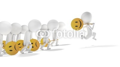 dampoint, 3d white motivated man is happiest of other (Wunschgröße, Fotokunst, figurativ, Motivation, Psychologie, Psychotherapie, Pessimismus, Optimismus, Smileys, Energie, Arztpraxis, weiß / gelb)