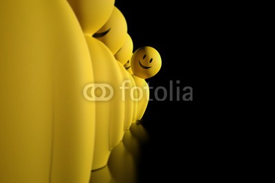 dampoint, 3d yellow stylized character aligned in a row (Wunschgröße, Fotokunst, figurativ, Motivation, Psychologie, Psychotherapie, Optimismus, Smileys, Energie, sich abheben, Individualismus, anders sein, aus der Reihe tanzen, Mut,  Arztpraxis, schwarz / gelb)