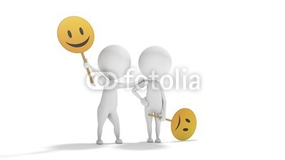 dampoint, Optimism versus Pessimism with white 3d people (Wunschgröße, Fotokunst, figurativ, Motivation, Psychologie, Psychotherapie, Optimismus, Pessimismus, Schilder Smileys, Energie, Zuspruch, Vertrauen, Freundschaft, Arztpraxis, weiß / gelb)