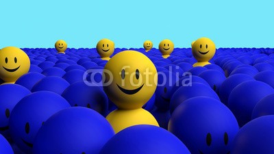 dampoint, Some 3d yellow men come out from a blue crowd (Wunschgröße, Fotokunst, figurativ, Motivation, Psychologie, Psychotherapie, Optimismus, Smileys, Energie, sich erheben, abheben, Individualismus, anders sein, coming out, Mut,  Arztpraxis, blau / gelb)