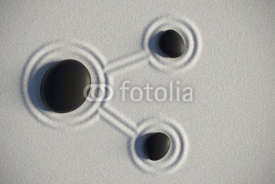 dampoint, Zen garden in a top view with stones connected by sand drawings (Wunschgröße, Fotografie, Photografie, Kiesel, Kieselsteine, Steine, Sand, Linien, Kreise, Trennung, Verbindung Yoga, Zen, Buddhismus, Entspannung, Meditation, Ruhe, Stille, Wellness, Schlafzimmer, schwarz / weiß)