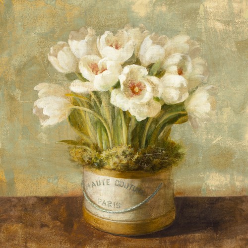 Danhui Nai, Hatbox Tulips (Wunschgröße, Malerei, Stillleben, Tulpen, Blüten, Blumen, Übertopf, Hutschachtel,  Wohnzimmer, Wintergarten, Treppenhaus, bunt)