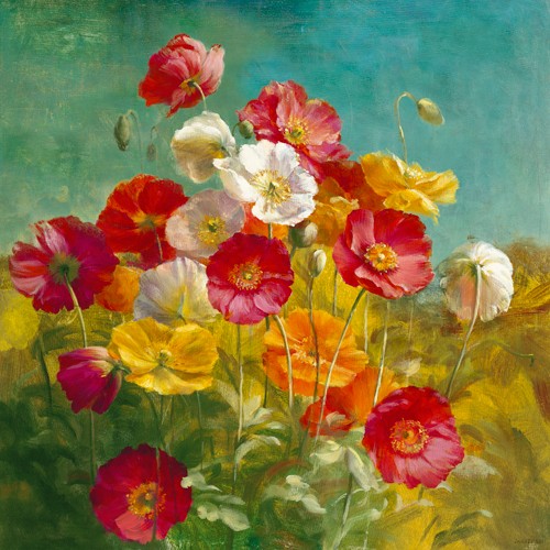 Danhui Nai, Poppies in the Field (Wunschgröße, Malerei, Blumen, Blumenfeld, Blüten, Mohnblumen, Sommerblumen, fröhlich, Wohnzimmer, Esszimmer, Wintergarten, leuchtend, bunt)