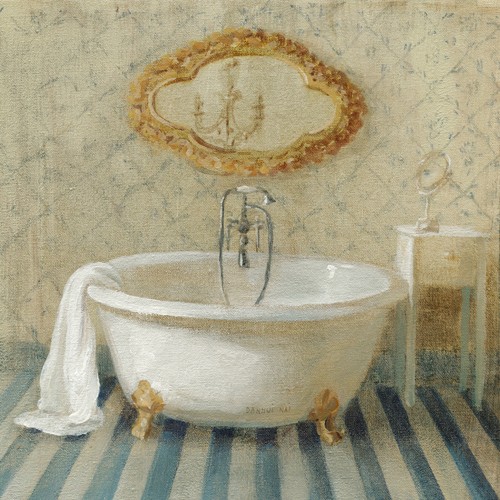 Danhui Nai, Victorian Bath II (Wunschgröße, Malerei, Interieur, Badezimmer, viktorianisch, Badewanne, Handtuch, Badetuch, goldener Spiegel, Nostalgie, Reinigung, Waschen, Baden, Körperpflege, Bad, blau / grau / weiß)