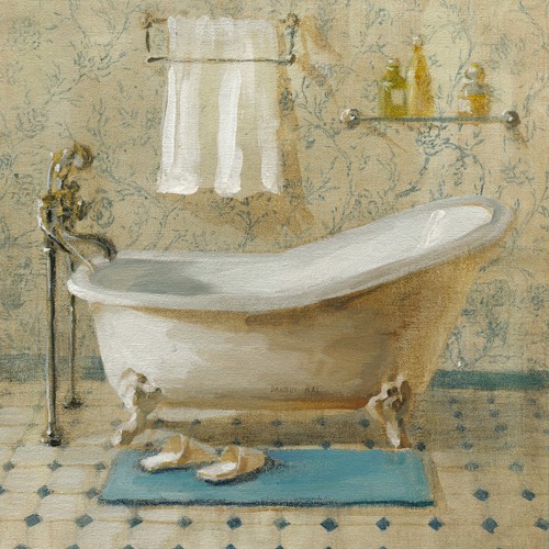 Danhui Nai, Victorian Bath III (Wunschgröße, Malerei, Interieur, Badezimmer, viktorianisch, Badewanne, Handtuch, Badetuch, Flacons, Nostalgie, Reinigung, Waschen, Baden, Körperpflege, Bad, blau / grau / weiß)