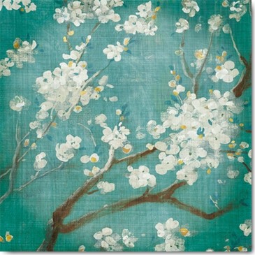 Danhui Nai, White Cherry Blossoms I on Blue Aged No (Wunschgröße, Malerei, Blütenzweige, Kirschblüten, Frühling, floral, Schlafzimmer, bunt)