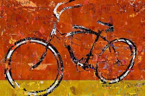Daryl Thetford, Gold and Orange Bike (Wunschgröße, Malerei, Modern, Fahrrad, Buchstaben, Farbflächen, Zahlen, Graffity, Wohnzimmer, Jugendzimmer, orange / gelb)