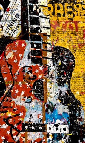 Daryl Thetford, Graffity Guitar (Wunschgröße, Malerei, Modern, Gitarre, collage, Zeitung, Zeitungspapier, Buchstaben, Farbflächen, Zahlen, Wohnzimmer, Jugendzimmer, bunt)