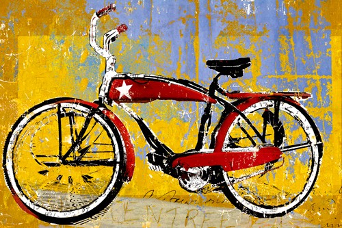 Daryl Thetford, Red Bike with Star (Wunschgröße, Malerei, Modern, Fahrrad, Buchstaben, Farbflächen, Zahlen, Sterne, Wohnzimmer, Jugendzimmer, blau / bunt)