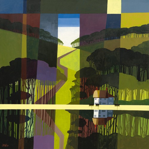 David James, Arun Valley (Wunschgröße, Modern, Malerei, Landschaft, Tal, Abstrakt, Pop, Spiegelung, Haus, See, Bäume, Weg, Streifen, Wohnzimmer, bunt)