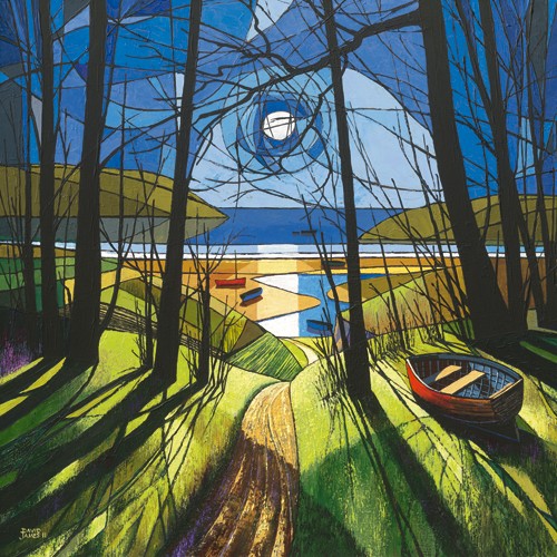 David James, Beach Path (Wunschgröße, Modern, Malerei, Pop - Art, Landschaft, Natur, Wald, Bäume, Fluss, Meer, Abendlicht, Mond, Schatten, Hügel, Weg, Strand, Wohnzimmer, Schlafzimmer, bunt)