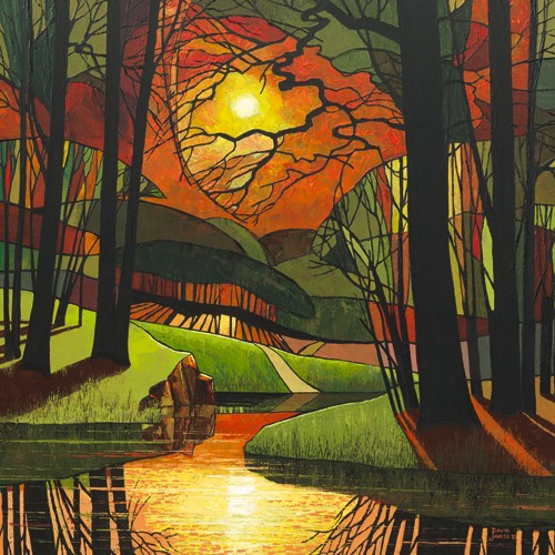 David James, Evening Light (Wunschgröße, Modern, Malerei, Pop - Art, Landschaft, Natur, Wald, Bäume, See, Spiegelung, Hügel, Schatten, Abendlicht, Sonnenuntergang,  Wohnzimmer, Schlafzimmer, Treppenhaus,  orange / grün)