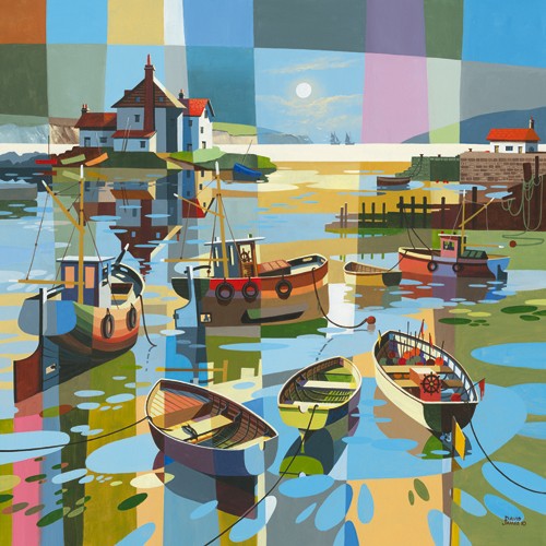 David James, Low Tide (Wunschgröße, Wunschgröße, Modern, Malerei, Pop - Art, Landschaft, Boote, Ruderboote, Seile, Meer, Ebbe, Haus,Wohnzimmer, Arztpraxis,  Himmel, Rechtecke, bunt)