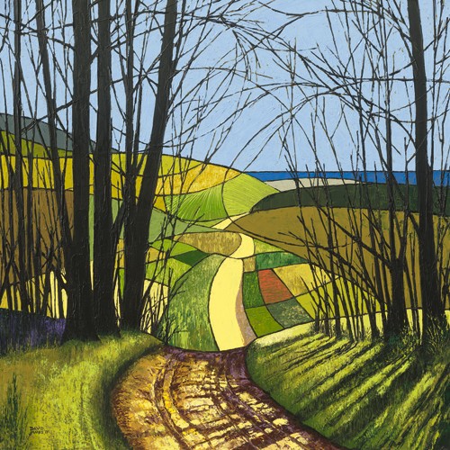 David James, Sea Lane (Wunschgröße, Modern, Malerei, Pop - Art, Landschaft, Natur, Wald, Bäume, Weg, Hügel, Schatten, Felder, Küste, Meer, Wohnzimmer, Arztpraxis, bunt)