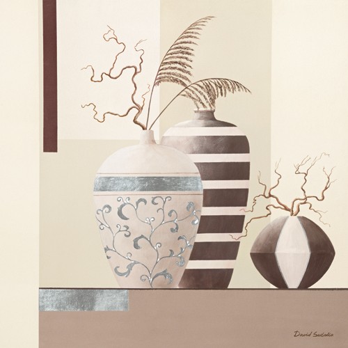 David Sedalia, Glamour Twigs II (Stillleben, Eleganz, edel, Töpfe, Vase, Zweige, knorrig, Wohnzimmer, Esszimmer, Treppenhaus, Wunschgröße, braun/Pastell)