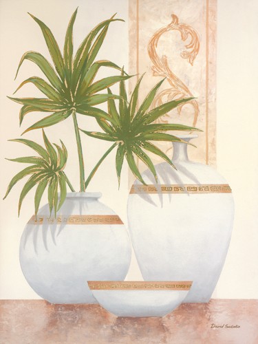 David Sedalia, Sheer Elegance I (Stillleben, Eleganz, edel, Töpfe, Vase, Palmblätter, Wohnzimmer, Esszimmer, Treppenhaus, Wunschgröße, Pastell)