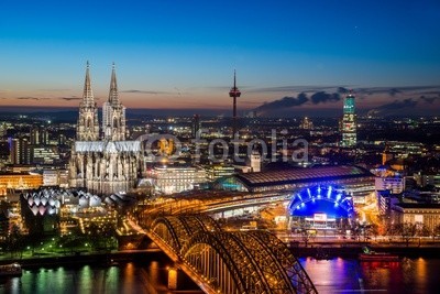 davis, Cologne at night (cologne, cologne, skyline, anblick, panorama, stadt, luftbild, blau, himmel, abend, luftaufnahme, nacht, rhein, herbst, winte)