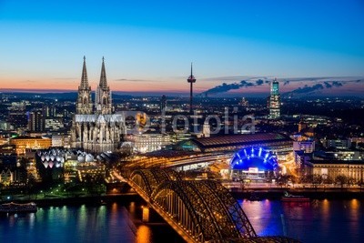 davis, Cologne Night Cityscape (cologne, cologne, anblick, panorama, stadt, luftbild, blau, himmel, abend, luftaufnahme, nacht, rhein, herbst, winte)