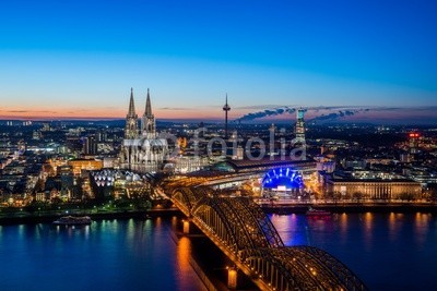davis, Cologne Night Skyline (cologne, cologne, skyline, anblick, panorama, stadt, luftbild, blau, himmel, abend, luftaufnahme, nacht, rhein, herbst, winte)