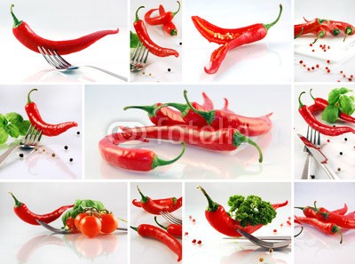 dayves, Peperoni (Wunschgröße, Fotografie, Photografie, Collage, Gemüse, Küche, Pfeffer, Körner, Petersilie, Basilikum, Tomaten, Peperoni, Pfefferschote, Messer, Gabel, Küche, Gastronomie, Bistro, bunt)