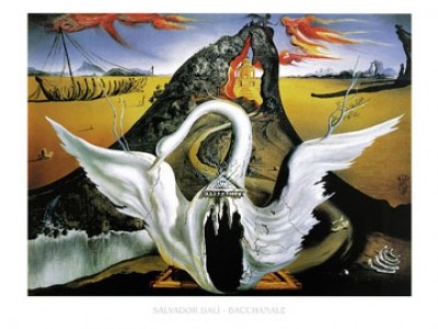 Salvador Dali, Bacchanale (Malerei, Surrealismus, Klassische Moderne, Fantasie, Bacchusfest, Schwan, aufgerissene Brust,  Wohnzimmer, Treppenhaus,  bunt)