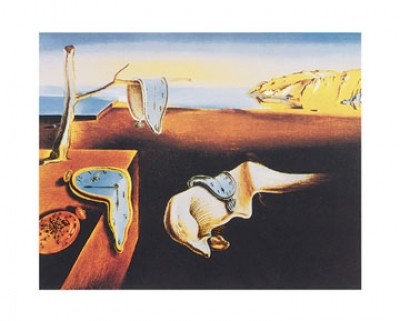 Salvador Dali, The Persistance of Memory (Malerei, Surrealismus, zerfließende Zeit, weiche Uhren, Erinnerung, Klassische Moderne, Fantasie, Wohnzimmer, Treppenhaus,  bunt)