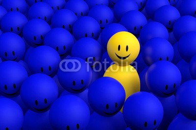 dampoint, 3d yellow man comes out from a blue crowd (Wunschgröße, Fotokunst, figurativ, Motivation, Psychologie, Psychotherapie, Optimismus, Smileys, Energie, sich erheben, sich abheben, Individualismus, anders sein, Mut,  Arztpraxis, blau / gelb)