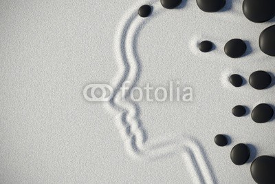 dampoint, Zen garden in a top view with a woman shape (Wunschgröße, Fotografie, Photografie, Kiesel, Kieselsteine, Steine, Harmonie, Sand, Linien, Gesicht, Profil,  Yoga, Zen, Buddhismus, Entspannung, Meditation, Ruhe, Stille, Wellness, Schlafzimmer, schwarz / weiß)