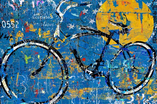 Daryl Thetford, Blue Graffiti Bike (Wunschgröße, Malerei, Modern, Fahrrad, Buchstaben, Farbflächen, Zahlen, Sterne, Wohnzimmer, Jugendzimmer, blau / bunt)