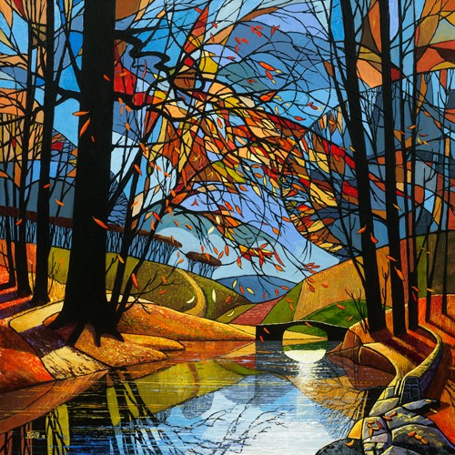 David James, Autumn Stream (Wunschgröße, Modern, Malerei, Pop - Art, Landschaft, Herbst, Jahreszeit, Natur, Wald, Bäume, See, Spiegelung, Hügel, Schatten, Abendlicht, Brücke, Sonnenuntergang,  Wohnzimmer, Schlafzimmer, Treppenhaus,  orange / blau)