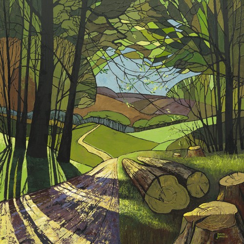 David James, Spring Sunshine (Wunschgröße, Modern, Malerei, Pop - Art, Landschaft, Natur, Wald, Bäume, Weg, Holzstämme, Hügel, Schatten, Wohnzimmer, Arztpraxis, Wintergarten, grün / braun)